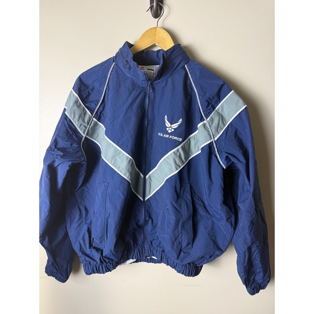 Vintage US Air Force Jacket Mens S Short Blue Windbreaker Full Zip Hooded Y2K